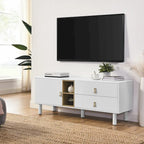 54.57 Meuble TV multifonctionnel avec poignées en cuir, compartiment de rangement ouvert et deux tiroirs