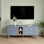54.57 Meuble TV multifonctionnel avec poignées en cuir, compartiment de rangement ouvert et deux tiroirs