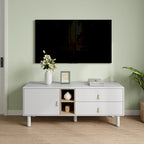 54.57 Meuble TV multifonctionnel avec poignées en cuir, compartiment de rangement ouvert et deux tiroirs