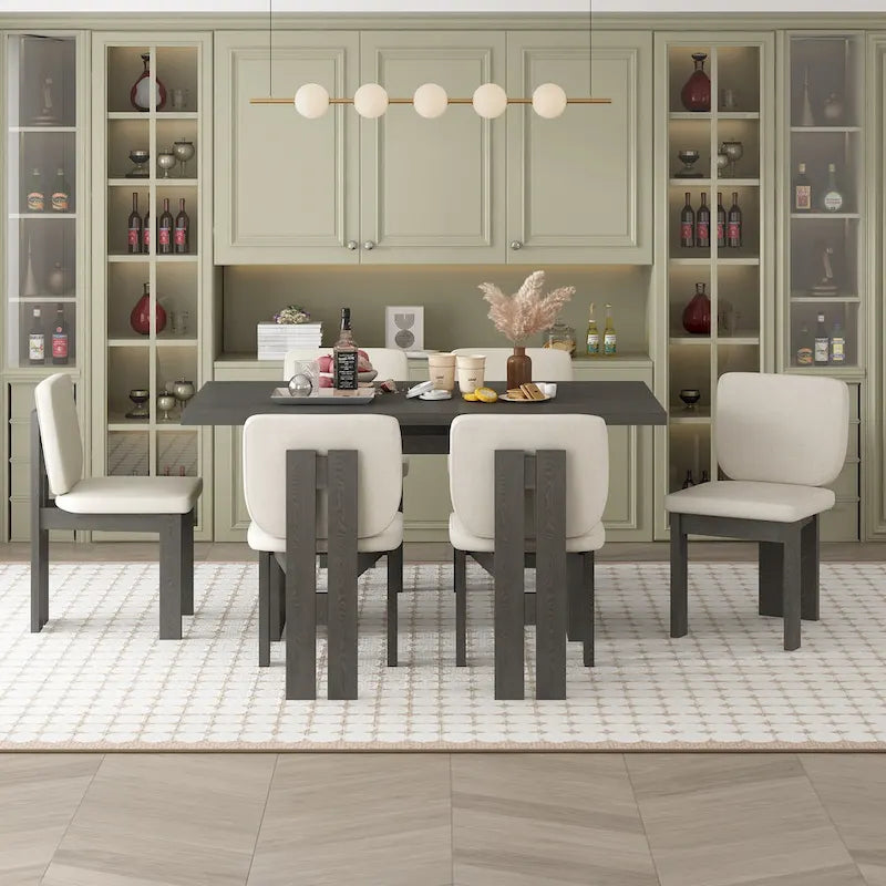 Table de salle à manger en bois de style transitoire avec 6 chaises