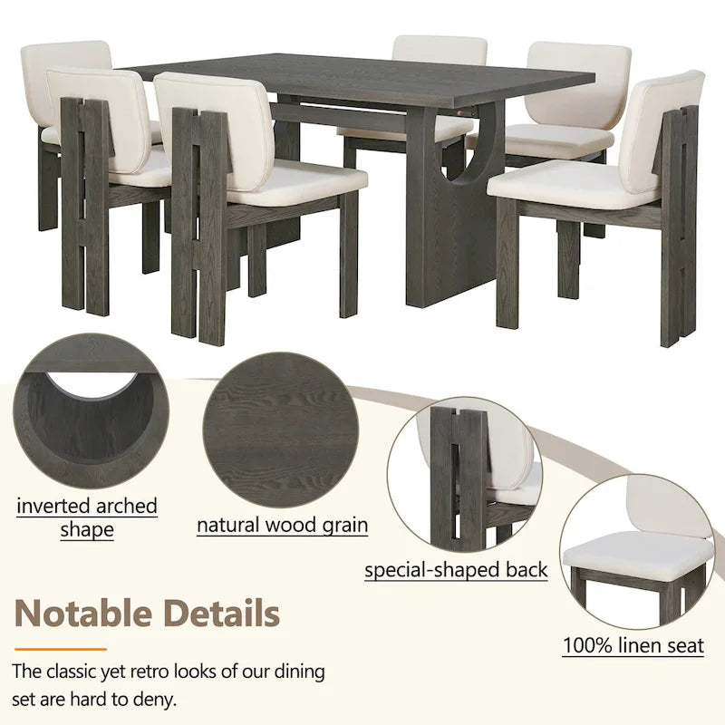 Table de salle à manger en bois de style transitoire avec 6 chaises