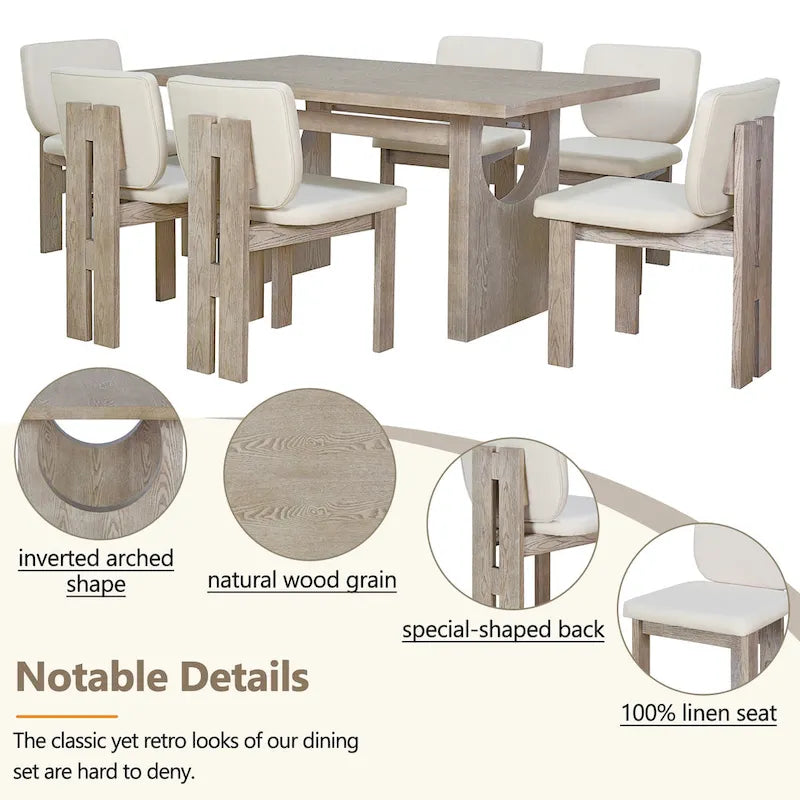 Table de salle à manger en bois de style transitoire avec 6 chaises