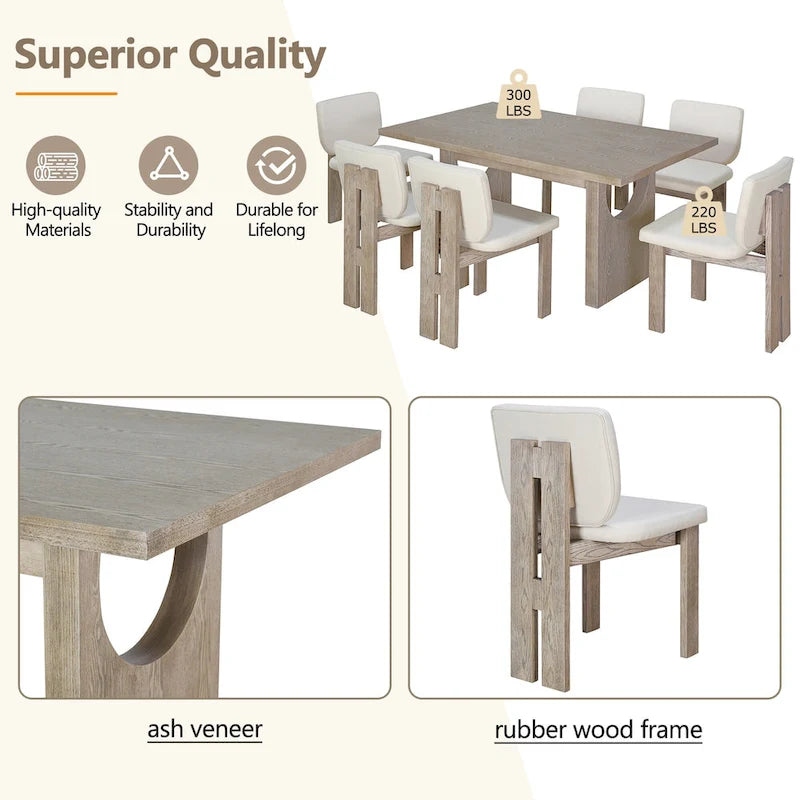 Table de salle à manger en bois de style transitoire avec 6 chaises