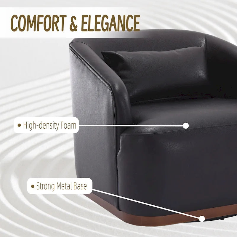 Fauteuil pivotant rond en PU noir de 80 cm avec base en métal