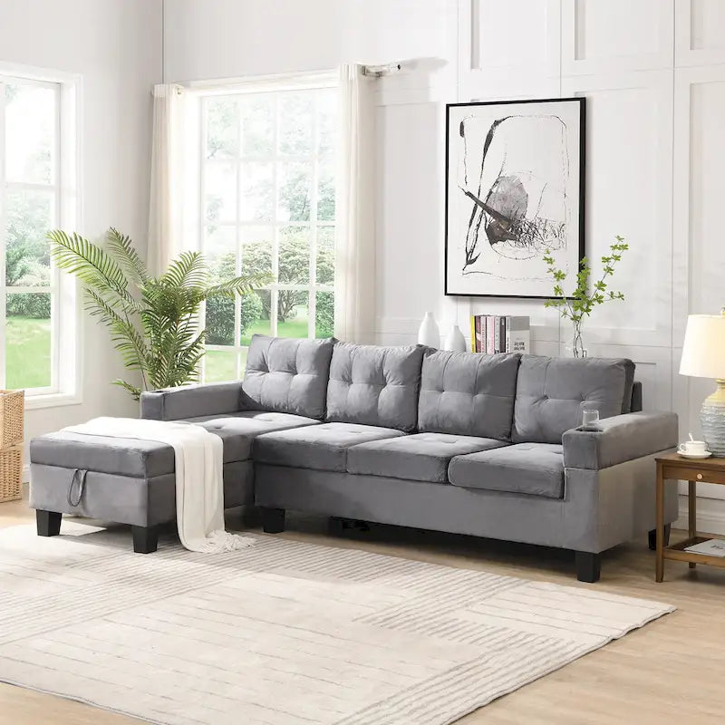 Canapé moderne 4 places gris 97.8 avec méridienne de rangement