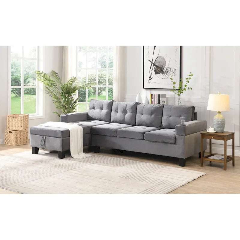 Canapé moderne 4 places gris 97.8 avec méridienne de rangement