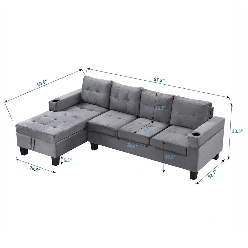 Canapé moderne 4 places gris 97.8 avec méridienne de rangement