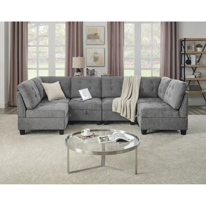 Canapé d'angle modulable 6 places en U gris 116 avec quatre sièges individuels et deux éléments d'angle, rangements inclus