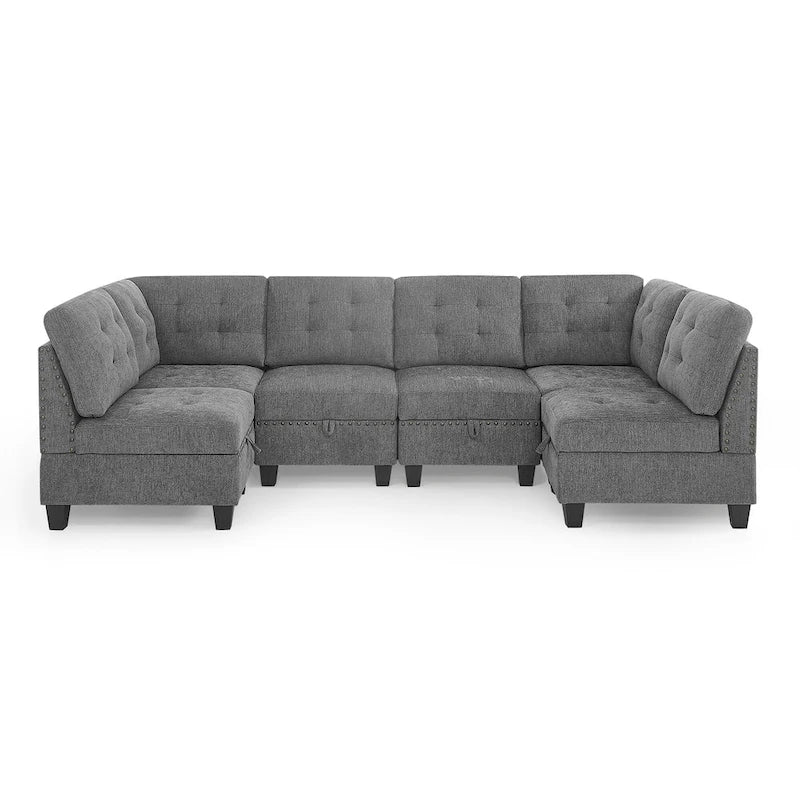 Canapé d'angle modulable 6 places en U gris 116 avec quatre sièges individuels et deux éléments d'angle, rangements inclus