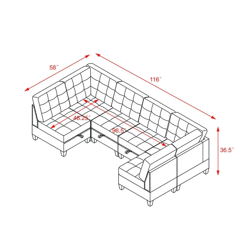 Canapé d'angle modulable 6 places en U gris 116 avec quatre sièges individuels et deux éléments d'angle, rangements inclus