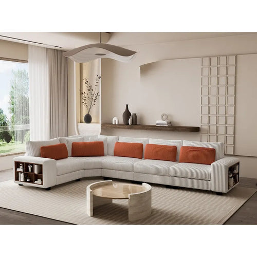 142 L-Shaped 5-Seater Modular Sectional Sofa with Pillow, Wooden Armrests, and Versatile Storage Shelves