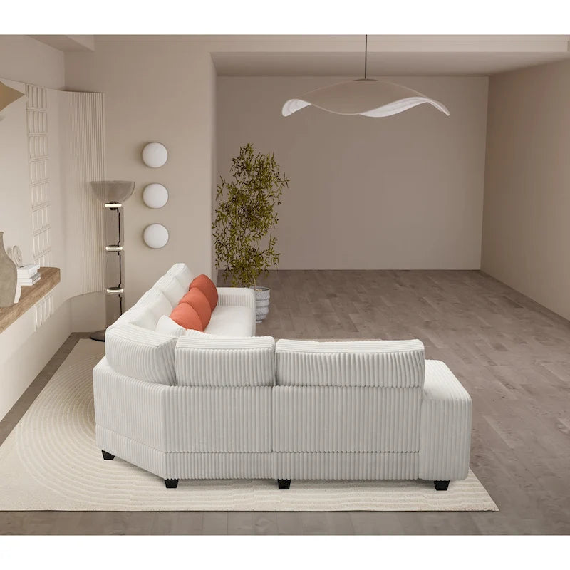 Canapé d'angle modulable 5 places en L avec oreillers, accoudoirs en bois et étagères de rangement polyvalentes, 142 po