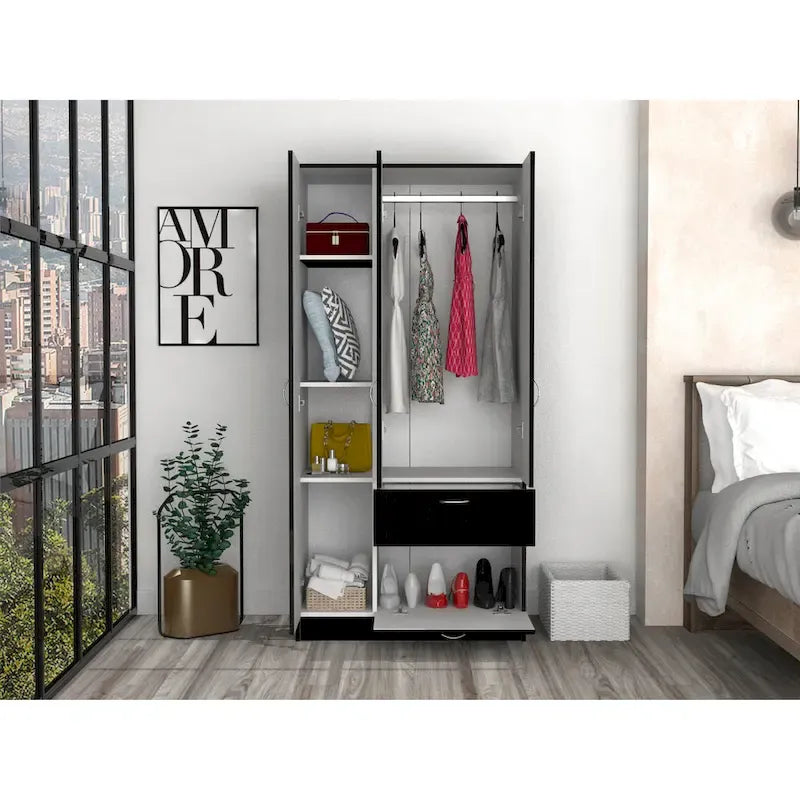 Armoire moderne à deux portes avec cinq étagères et un tiroir pour chambre à coucher