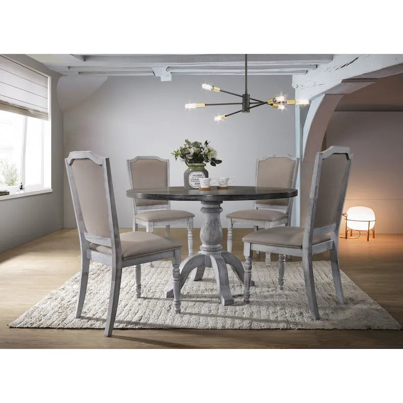 Table de salle à manger de style vintage à finition vieillie avec pied rond et 4 chaises rembourrées