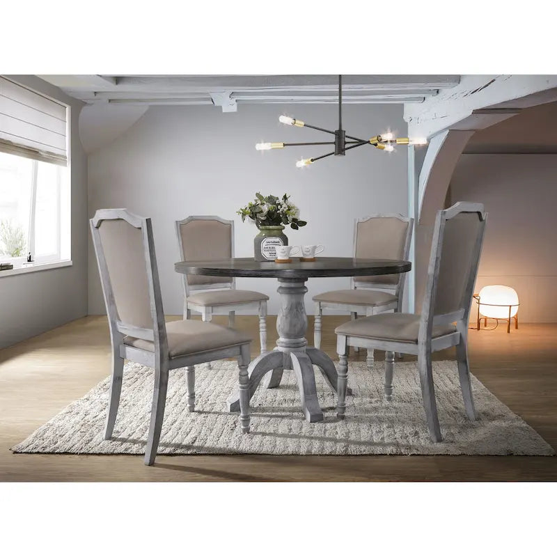 Vintage Style 5-Piece Weathered Finish Dining Set with Round Pedestal Table and 4 Upholstered Dining Chairs