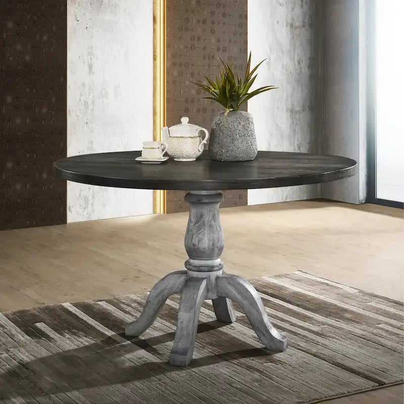 Table de salle à manger de style vintage à finition vieillie avec pied rond et 4 chaises rembourrées