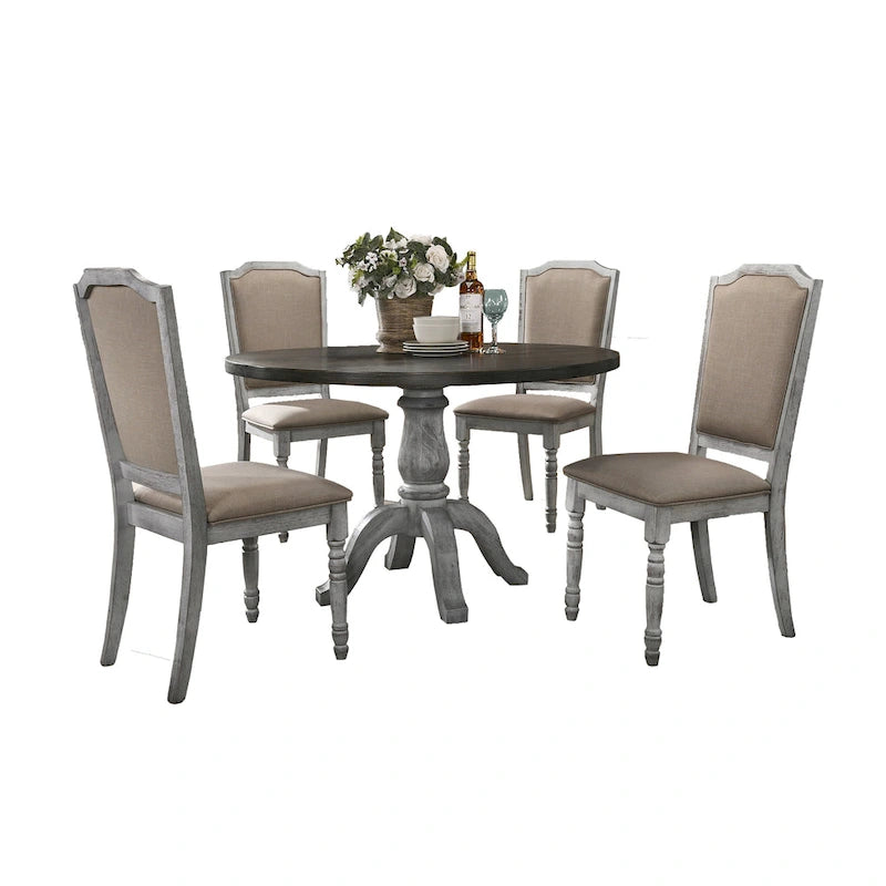 Table de salle à manger de style vintage à finition vieillie avec pied rond et 4 chaises rembourrées