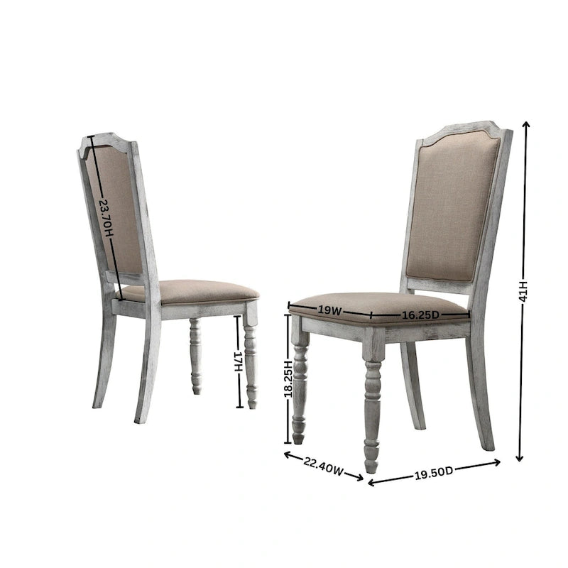Table de salle à manger de style vintage à finition vieillie avec pied rond et 4 chaises rembourrées
