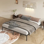 Lit plateforme King en métal noir avec tête de lit en bois à motif ondulé