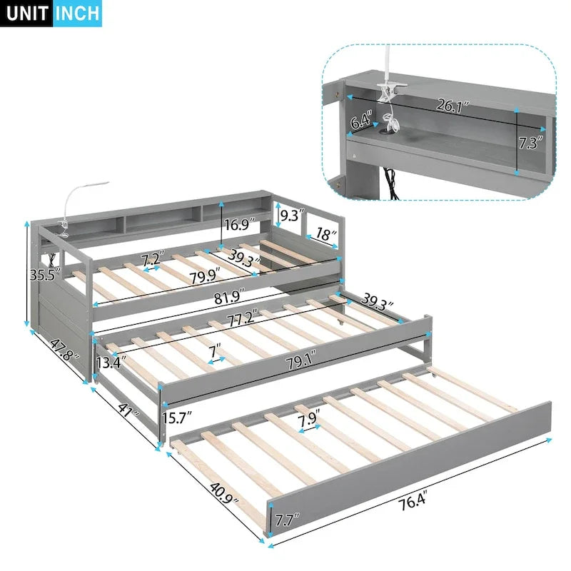 Lit de repos Twin XL avec lits gigognes, étagères et USB