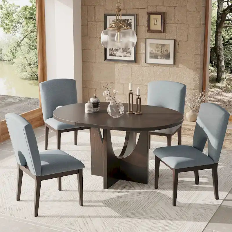 Table à manger ronde extensible de style moderne avec rallonge amovible et chaises de salle à manger rembourrées
