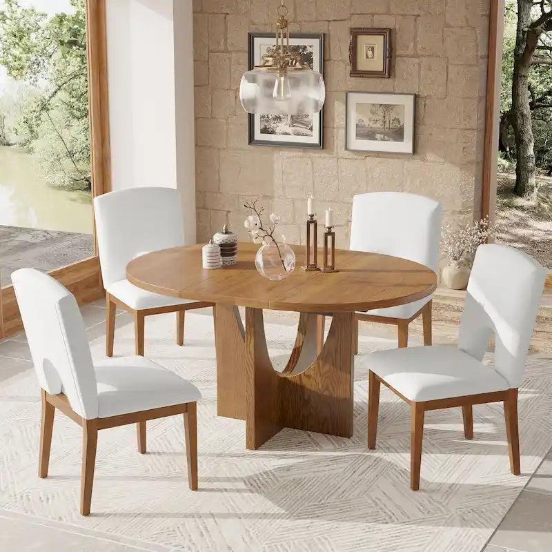 Table à manger ronde extensible de style moderne avec rallonge amovible et chaises de salle à manger rembourrées