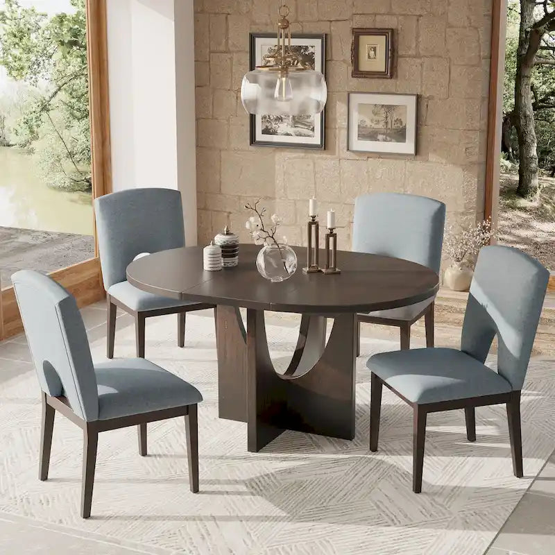 Modern Style 5-Piece Extendable Round Dining Table Set with Removable Leaf and Upholstered Dining Chairs