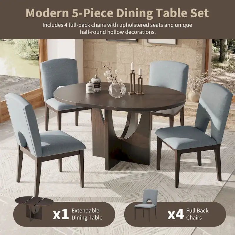 Table à manger ronde extensible de style moderne avec rallonge amovible et chaises de salle à manger rembourrées