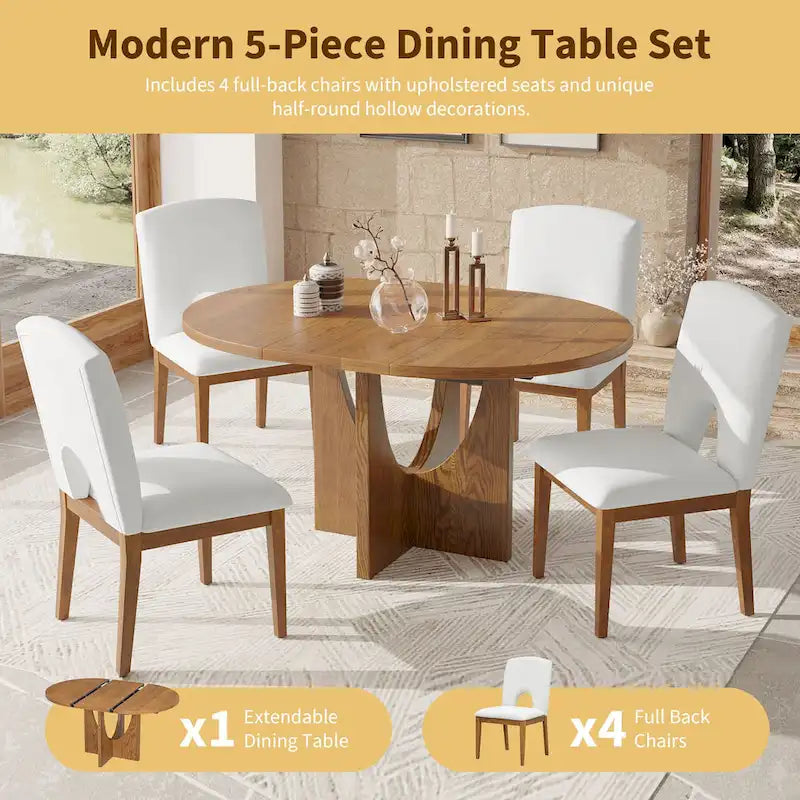 Table à manger ronde extensible de style moderne avec rallonge amovible et chaises de salle à manger rembourrées