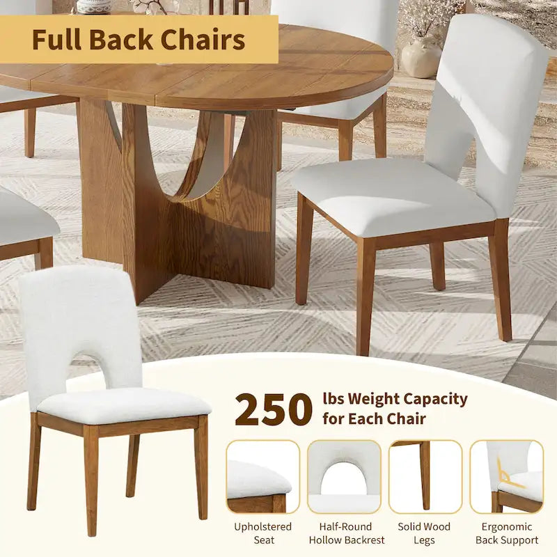 Table à manger ronde extensible de style moderne avec rallonge amovible et chaises de salle à manger rembourrées