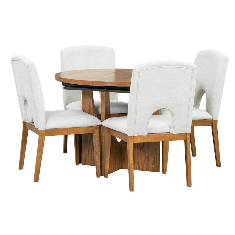 Table à manger ronde extensible de style moderne avec rallonge amovible et chaises de salle à manger rembourrées