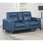  Top Grain Leather Ocean Blue Power Reclining Console Loveseat
