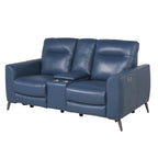 Causeuse inclinable électrique en cuir pleine fleur, bleu océan, avec console
