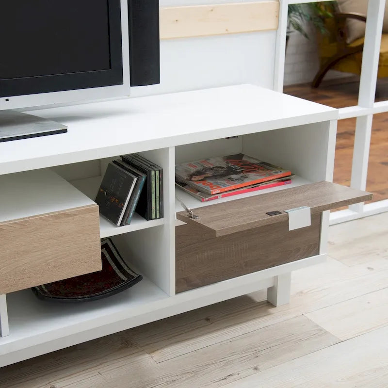 Meuble TV console moderne du milieu du siècle en bois blanc de 70 pouces avec 2 tiroirs