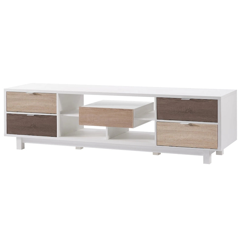 Meuble TV console moderne du milieu du siècle en bois blanc de 70 pouces avec 2 tiroirs