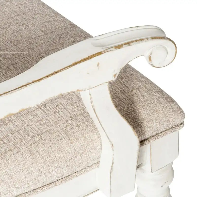 Fauteuil rembourré à dossier plat, style écorce vieillie, blanc antique