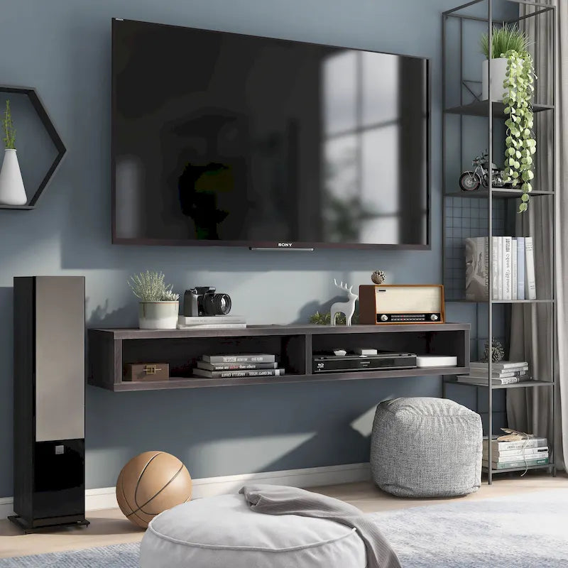 Meuble TV mural gris 60 po à étagères ouvertes