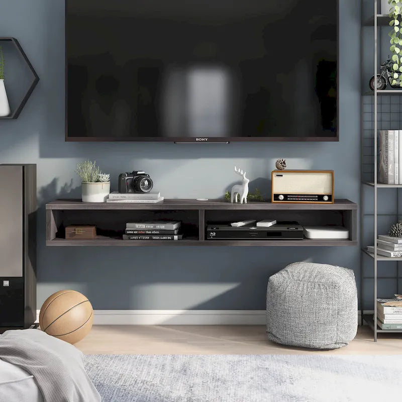 Meuble TV mural gris 60 po à étagères ouvertes