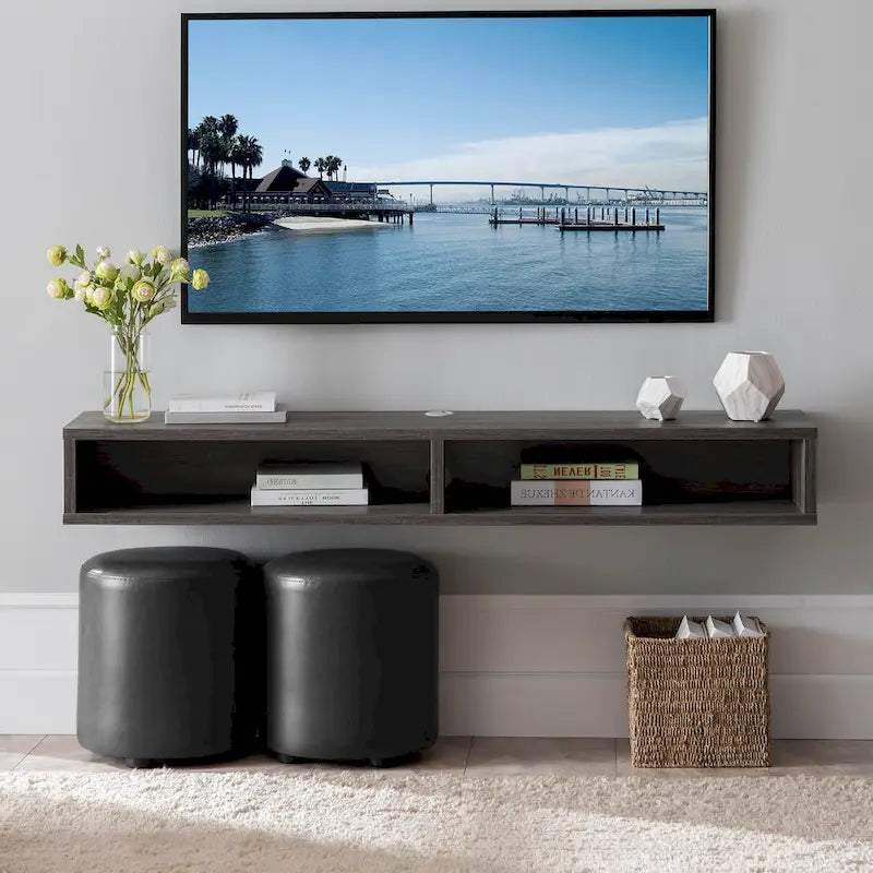 Meuble TV mural gris 60 po à étagères ouvertes