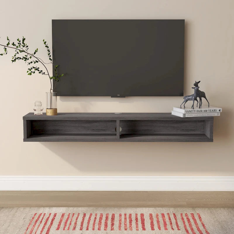 Meuble TV mural gris 60 po à étagères ouvertes