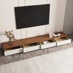 Meuble TV rectangulaire moderne avec 4 tiroirs, console média en placage de bois, noyer blanc, bois massif, entièrement assemblé