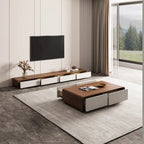 Meuble TV rectangulaire moderne avec 4 tiroirs, console média en placage de bois, noyer blanc, bois massif, entièrement assemblé