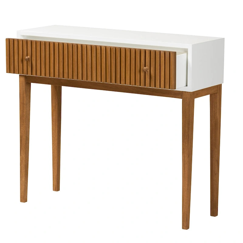 Console en bois de Bayur bicolore (brun naturel et blanc) avec 1 tiroir, style Mid-Century Modern