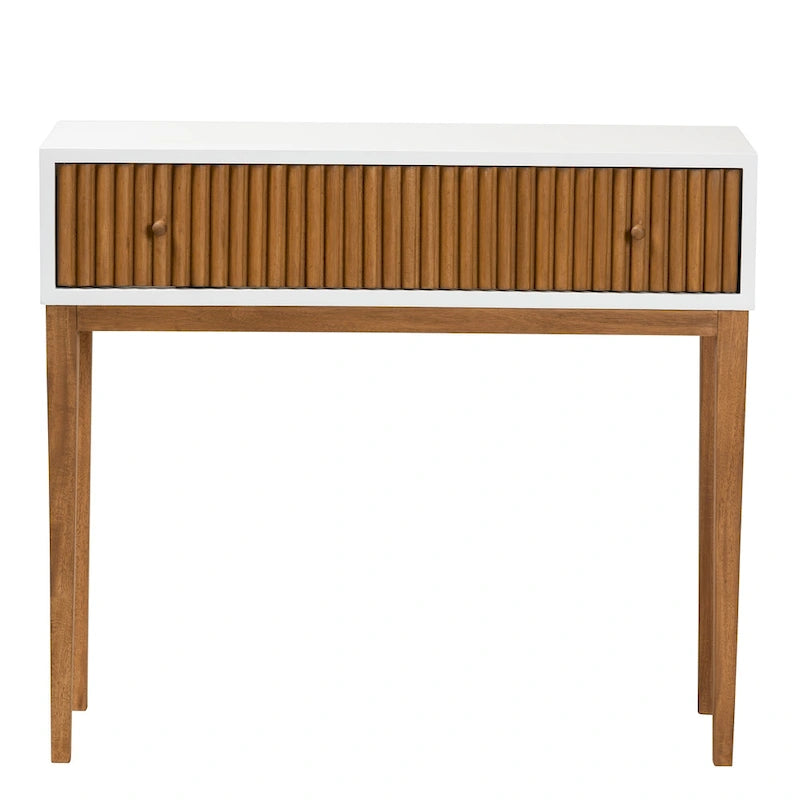 Console en bois de Bayur bicolore (brun naturel et blanc) avec 1 tiroir, style Mid-Century Modern