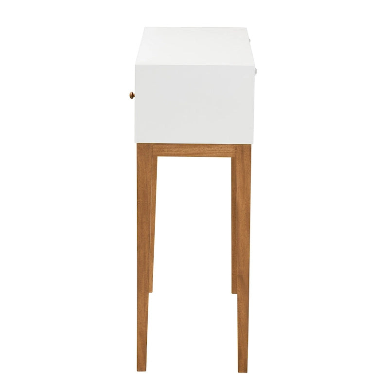 Console en bois de Bayur bicolore (brun naturel et blanc) avec 1 tiroir, style Mid-Century Modern