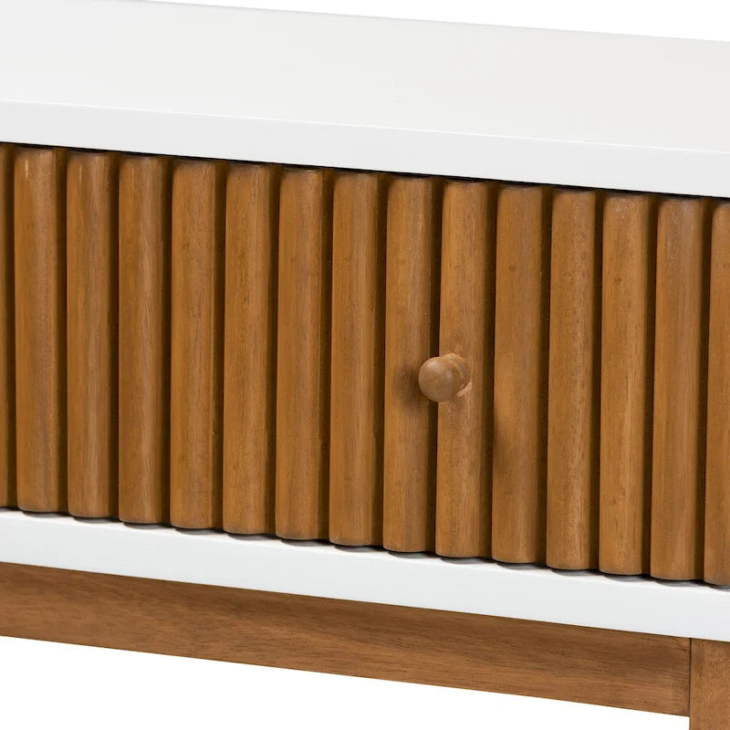 Console en bois de Bayur bicolore (brun naturel et blanc) avec 1 tiroir, style Mid-Century Modern