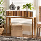 Console en bois de Bayur bicolore (brun naturel et blanc) avec 1 tiroir, style Mid-Century Modern
