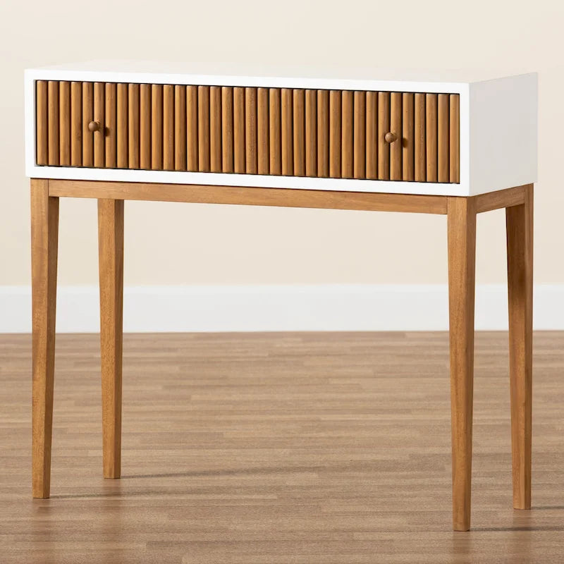 Console en bois de Bayur bicolore (brun naturel et blanc) avec 1 tiroir, style Mid-Century Modern