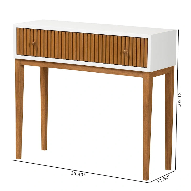 Console en bois de Bayur bicolore (brun naturel et blanc) avec 1 tiroir, style Mid-Century Modern