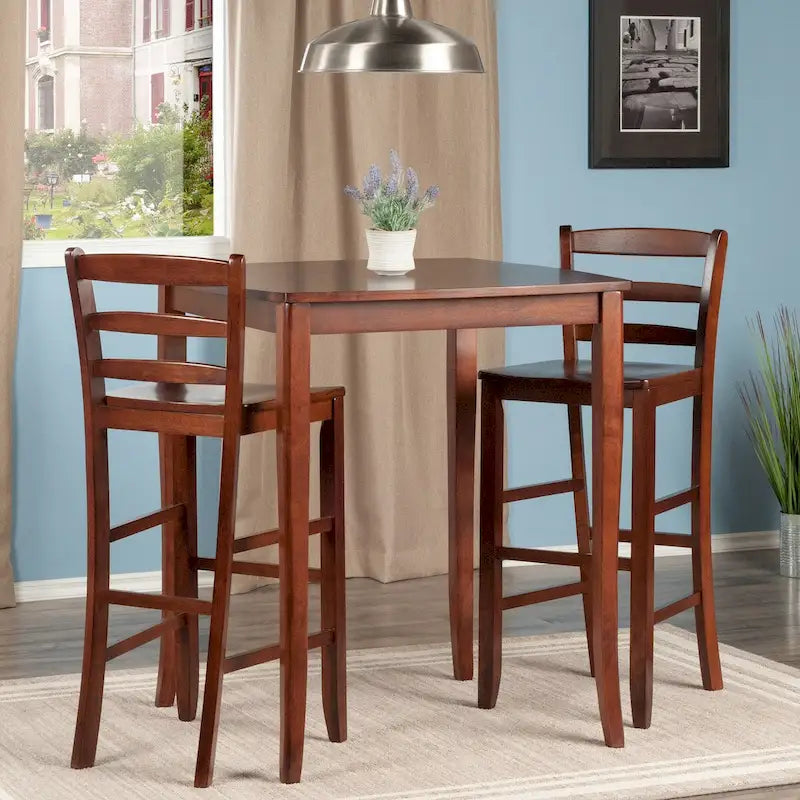 Table de salle à manger haute avec tabourets de bar à dossier échelle, Noyer